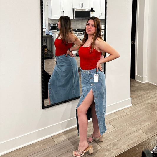 Xharming Moments Button-Up Denim Skirt